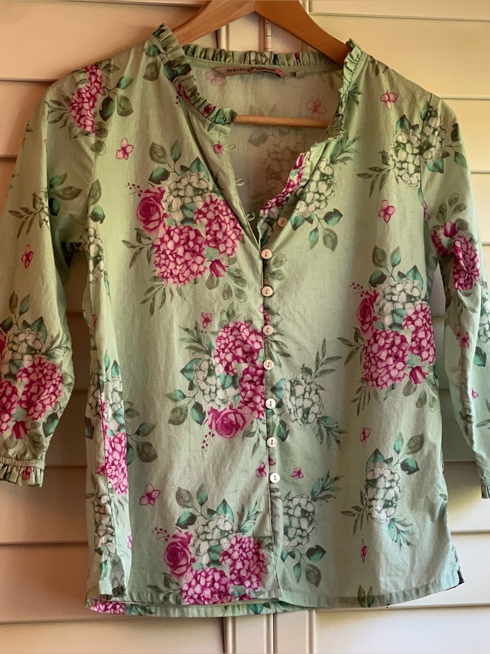 Sage Green Floral Button-Front Romantic, Cottagecore Blouse, Size X Small